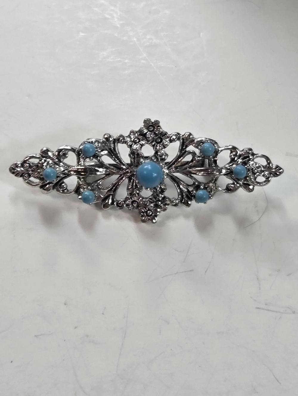 gerrys Silver tone costume signed Filigree brooch pin with Turquoise Cabochons
